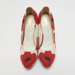 مملوكة مسبقًا Yves Saint Laurent Red/White Flower Print Canvas Wedge Pumps Size 40