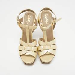 Pre Owned Yves Saint Laurent Light Yellow Textured Patent Leather Tribute Sandals Size 39