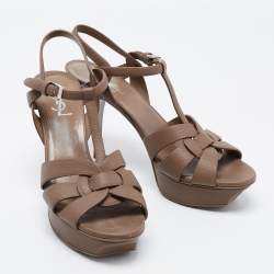 Pre Owned Yves Saint Laurent Brown Leather Tribute Platform Sandals Size 40
