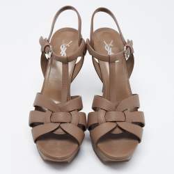 Pre Owned Yves Saint Laurent Brown Leather Tribute Platform Sandals Size 40