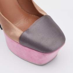 Pre Owned Yves Saint Laurent Brown/Grey Satin Obsession Platform Slingback Pumps Size 37