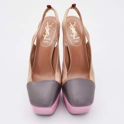 Pre Owned Yves Saint Laurent Brown/Grey Satin Obsession Platform Slingback Pumps Size 37