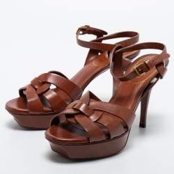 مملوكة مسبقًا Yves Saint Laurent Brown Leather Tribute Platform Sandals Size 38