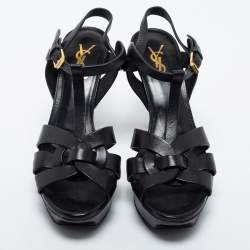 Pre Owned Yves Saint Laurent Black  Leather Tribute Sandals Size 38