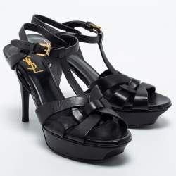 Pre Owned Yves Saint Laurent Black  Leather Tribute Sandals Size 38