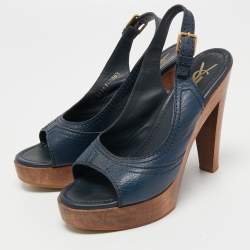 Pre Owned Yves Saint Laurent Blue Leather Slingback Sandals Size 38.5