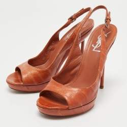 Pre Owned Yves Saint Laurent Orange Eel Leather Slingback Platform Sandals Size 37
