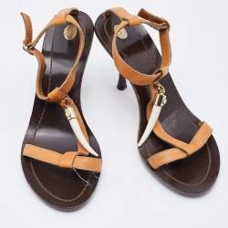 Pre Owned Yves Saint Laurent Brown Leather T Strap Sandals Size 36.5