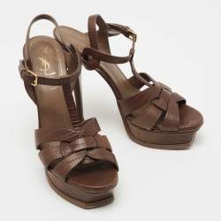 Pre Owned Yves Saint Laurent Brown Lizard Embossed Leather Tribute  Sandals Size 39.5