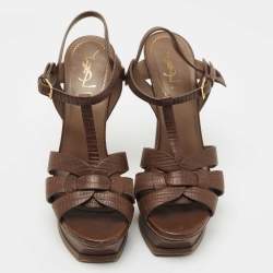 Pre Owned Yves Saint Laurent Brown Lizard Embossed Leather Tribute  Sandals Size 39.5