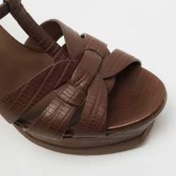 Pre Owned Yves Saint Laurent Brown Lizard Embossed Leather Tribute  Sandals Size 39.5