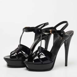 Pre Owned Yves Saint Laurent Black Patent Tribute Sandals Size 39