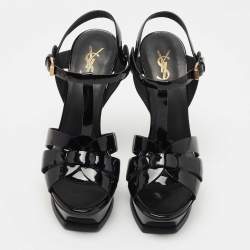 Pre Owned Yves Saint Laurent Black Patent Tribute Sandals Size 39