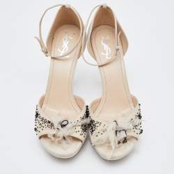 Yves Saint Laurent Off White Suede and Fabric Ankle Strap Platform Sandals Size 40