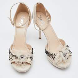 Yves Saint Laurent Off White Suede and Fabric Ankle Strap Platform Sandals Size 40
