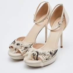 Yves Saint Laurent Off White Suede and Fabric Ankle Strap Platform Sandals Size 40