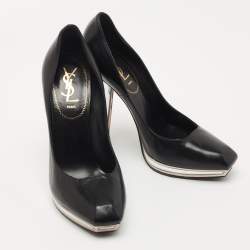 Pre Owned Yves Saint Laurent Black Leather Mirror Heel Platform Pumps Size 37.5