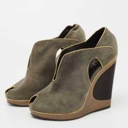 Pre Owned Yves Saint Laurent Grey/Gold Suede and Leather Peep Toe Wedge Pumps Size 38