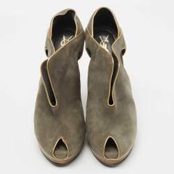 Pre Owned Yves Saint Laurent Grey/Gold Suede and Leather Peep Toe Wedge Pumps Size 38