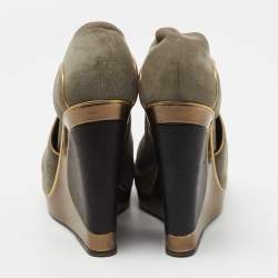 Pre Owned Yves Saint Laurent Grey/Gold Suede and Leather Peep Toe Wedge Pumps Size 38