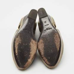 Pre Owned Yves Saint Laurent Grey/Gold Suede and Leather Peep Toe Wedge Pumps Size 38