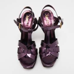 Pre Owned Yves Saint Laurent Metallic Purple Leather Tribute Sandals Size 38.5