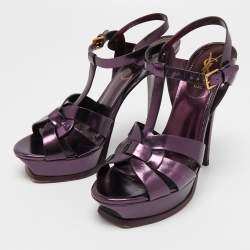 Pre Owned Yves Saint Laurent Metallic Purple Leather Tribute Sandals Size 38.5