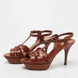 Pre Owned Yves Saint Laurent Brown Leather Tribute Sandals Size 38
