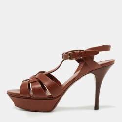 Pre Owned Yves Saint Laurent Brown Leather Tribute Sandals Size 38