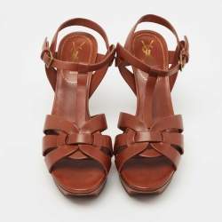 Pre Owned Yves Saint Laurent Brown Leather Tribute Sandals Size 38