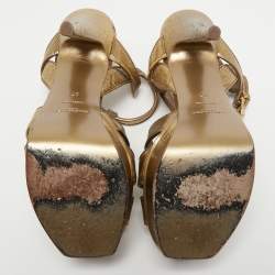 Pre Owned Yves Saint Laurent Gold Leather Tribute Sandals Size 37