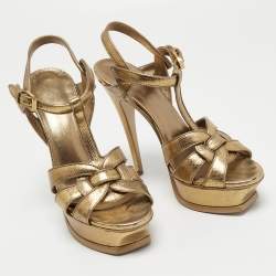 Pre Owned Yves Saint Laurent Gold Leather Tribute Sandals Size 37