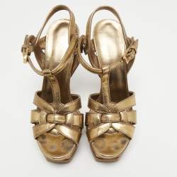 Pre Owned Yves Saint Laurent Gold Leather Tribute Sandals Size 37