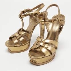 Pre Owned Yves Saint Laurent Gold Leather Tribute Sandals Size 37