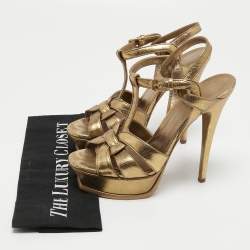 Pre Owned Yves Saint Laurent Gold Leather Tribute Sandals Size 37