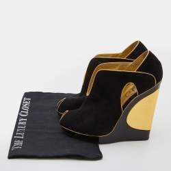 مملوكة مسبقًا حذاء كعب عالي ايف سان لوران نعل سميك مقدمة مفتوحة جلد سويدي قطع أسود/ذهبي مقاس 36