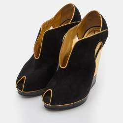 مملوكة مسبقًا حذاء كعب عالي ايف سان لوران نعل سميك مقدمة مفتوحة جلد سويدي قطع أسود/ذهبي مقاس 36