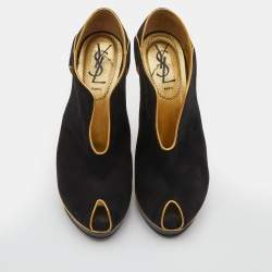مملوكة مسبقًا حذاء كعب عالي ايف سان لوران نعل سميك مقدمة مفتوحة جلد سويدي قطع أسود/ذهبي مقاس 36