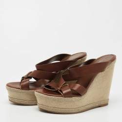 مملوكة مسبقًا Yves Saint Laurent Brown Leather Platform Slide Wedge Sandals Size 39