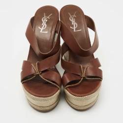 مملوكة مسبقًا Yves Saint Laurent Brown Leather Platform Slide Wedge Sandals Size 39