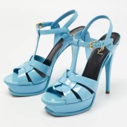 مملوكة مسبقًا Yves Saint Laurent Blue  Patent Tribute Ankle Strap Sandals Size 39.5
