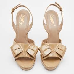 Pre Owned Yves Saint Laurent Beige Patent Leather Platform Slingback Sandals Size 39