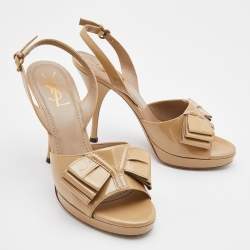 Pre Owned Yves Saint Laurent Beige Patent Leather Platform Slingback Sandals Size 39