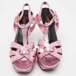 Pre Owned Yves Saint Laurent Metallic Pink Leather Tribute Sandals Size 37