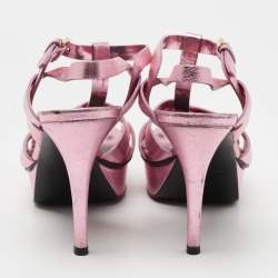 Pre Owned Yves Saint Laurent Metallic Pink Leather Tribute Sandals Size 37