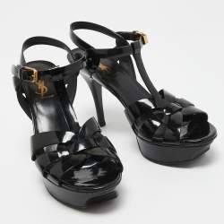 مملوكة مسبقًا Yves Saint Laurent Black Patent Tribute Sandals Size 37