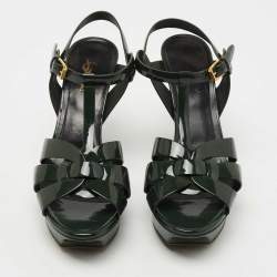 Saint Laurent Green Patent Leather Tribute Platform Sandals  Size 38.5