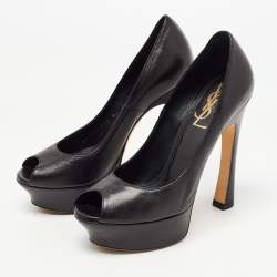 Pre Owned Yves Saint Laurent Black Leather Peep Toe Pumps Size 35.5