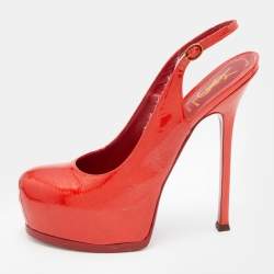 Yves Saint Laurent Orange Patent Leather Tribtoo Platform Slingback Pumps Size 40