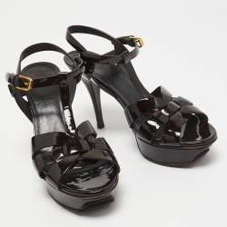 Pre Owned Saint Laurent Burgundy Patent Leather Tribute Platform Sandals Size 38